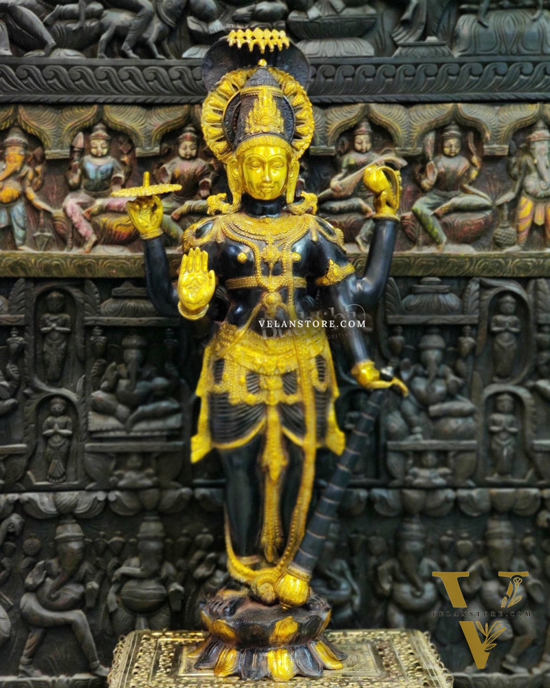 Handcrafted Lord Vishnu with Sheshanaaga Brass Idol | Divine Serenity | Ink Blue and Yellow Gold Finish 40"