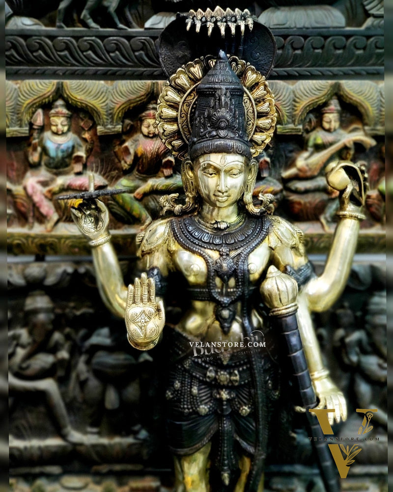 Handcrafted Lord Vishnu with Sheshanaaga Brass Idol | Divine Serenity | Ink Black and Shine Gold Finish 40"