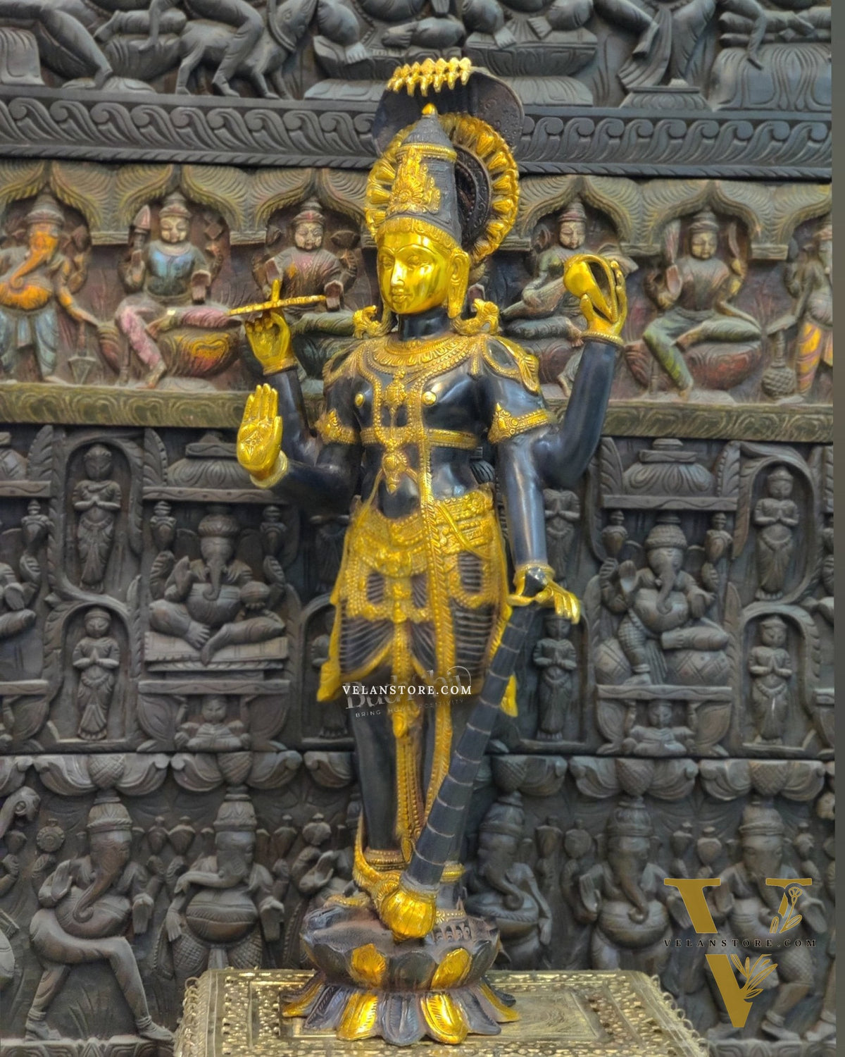 Handcrafted Lord Vishnu with Sheshanaaga Brass Idol | Divine Serenity | Ink Blue and Yellow Gold Finish 40"