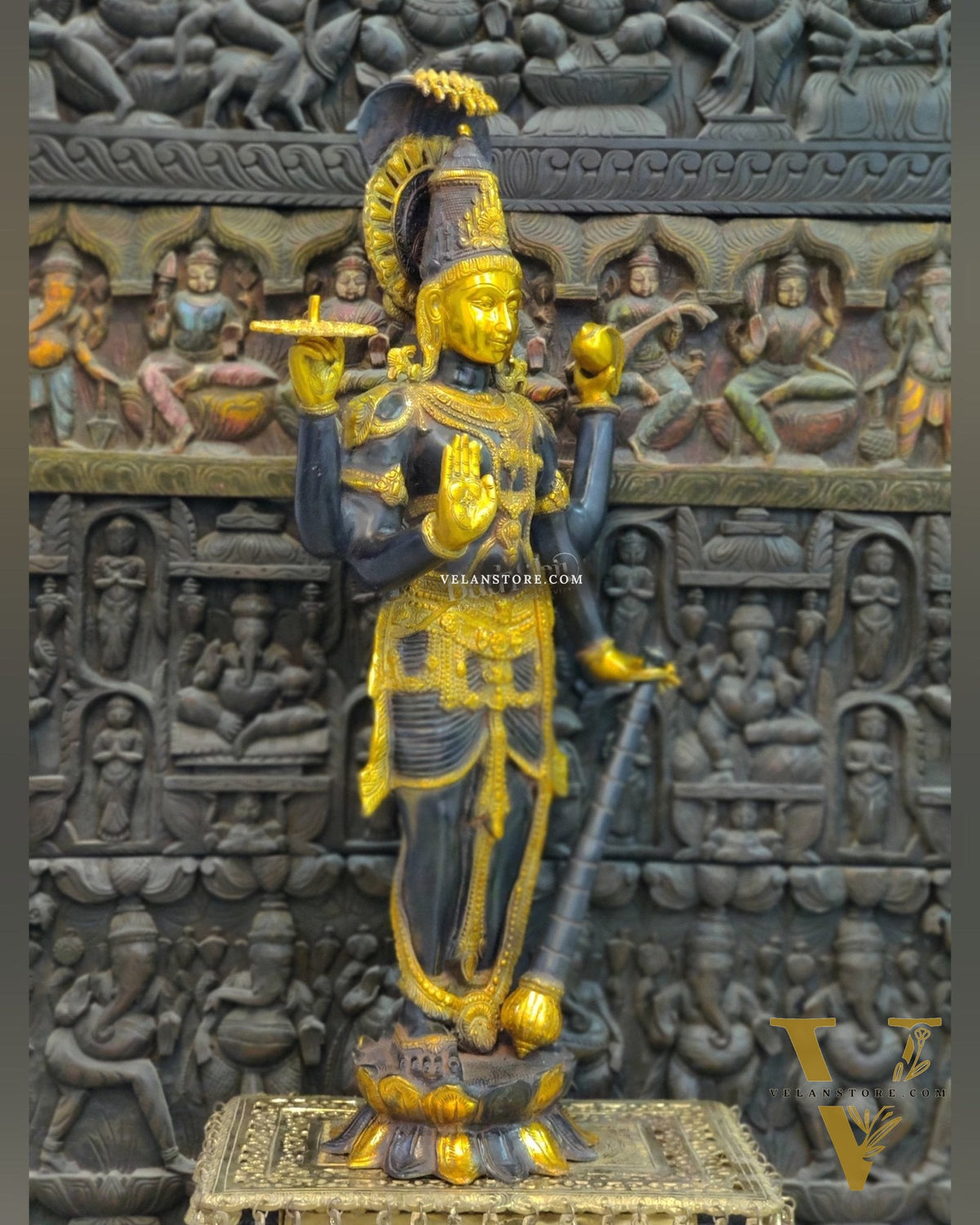 Handcrafted Lord Vishnu with Sheshanaaga Brass Idol | Divine Serenity | Ink Blue and Yellow Gold Finish 40"