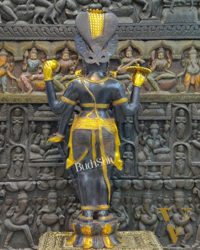Handcrafted Lord Vishnu with Sheshanaaga Brass Idol | Divine Serenity | Ink Blue and Yellow Gold Finish 40"