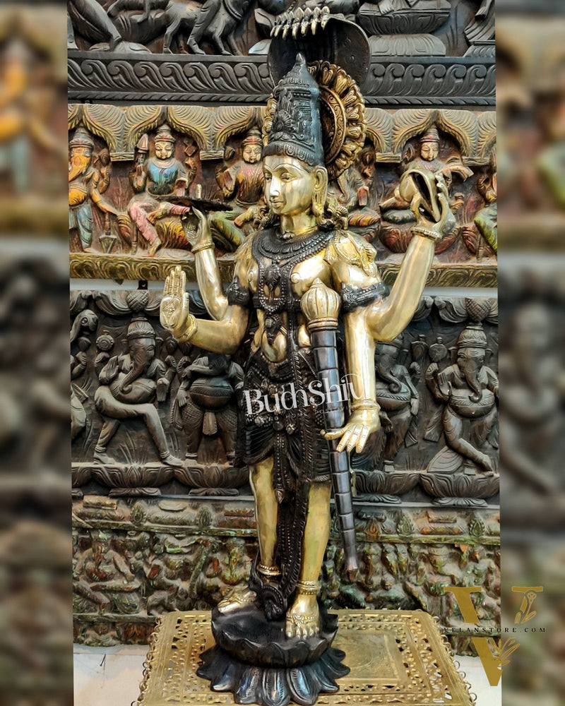 Handcrafted Lord Vishnu with Sheshanaaga Brass Idol | Divine Serenity | Ink Black and Shine Gold Finish 40"