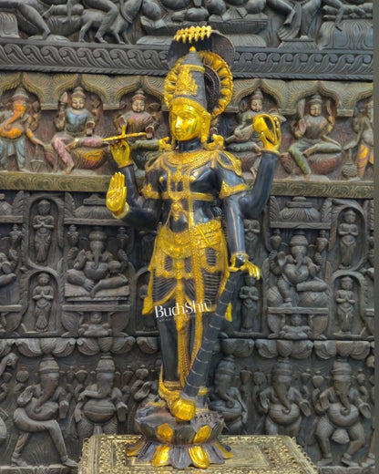Handcrafted Lord Vishnu with Sheshanaaga Brass Idol | Divine Serenity | Ink Blue and Yellow Gold Finish 40"
