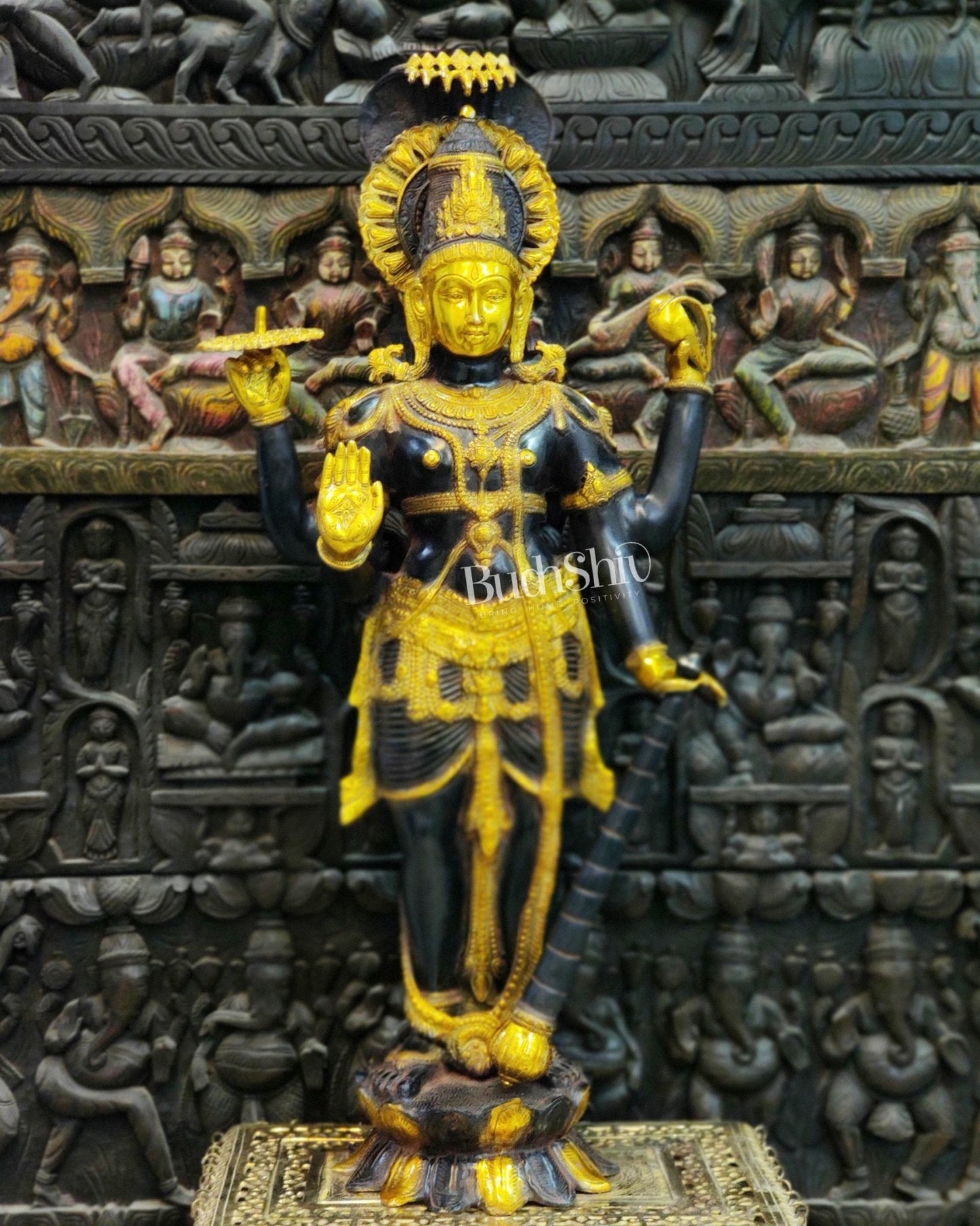 Handcrafted Lord Vishnu with Sheshanaaga Brass Idol | Divine Serenity | Ink Blue and Yellow Gold Finish 40"