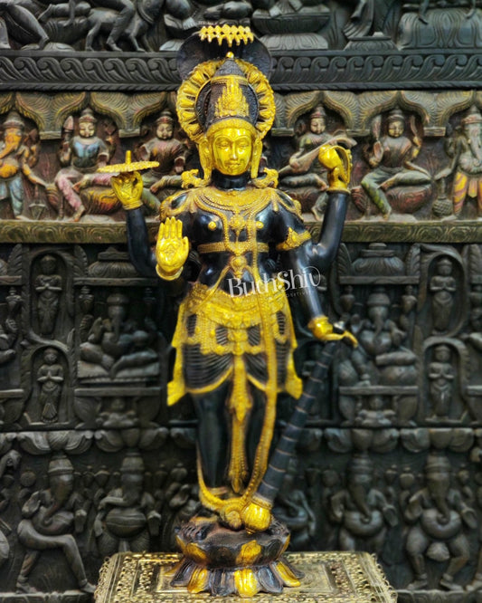 Handcrafted Lord Vishnu with Sheshanaaga Brass Idol | Divine Serenity | Ink Blue and Yellow Gold Finish 40"
