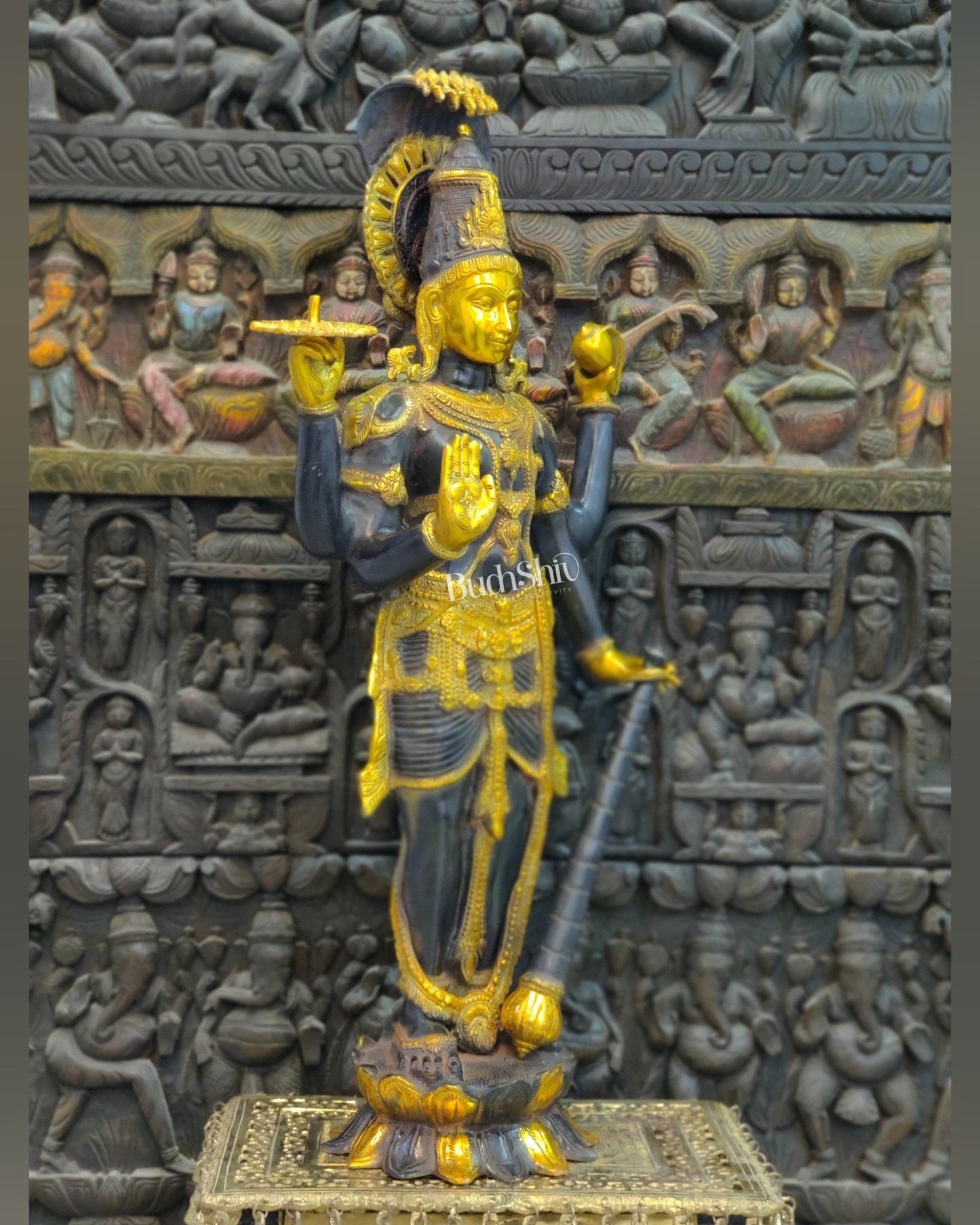 Handcrafted Lord Vishnu with Sheshanaaga Brass Idol | Divine Serenity | Ink Blue and Yellow Gold Finish 40"
