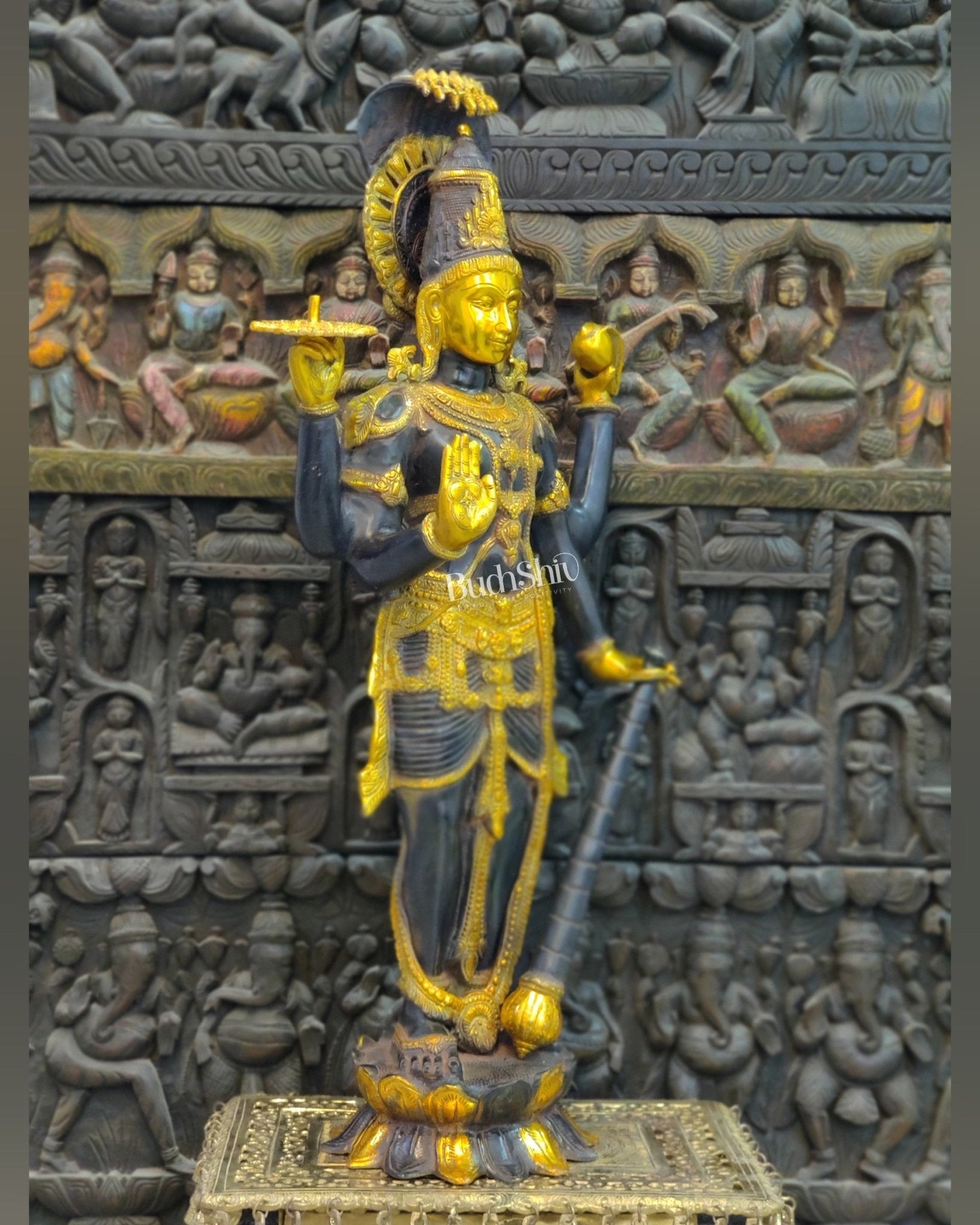 Handcrafted Lord Vishnu with Sheshanaaga Brass Idol | Divine Serenity | Ink Blue and Yellow Gold Finish 40"