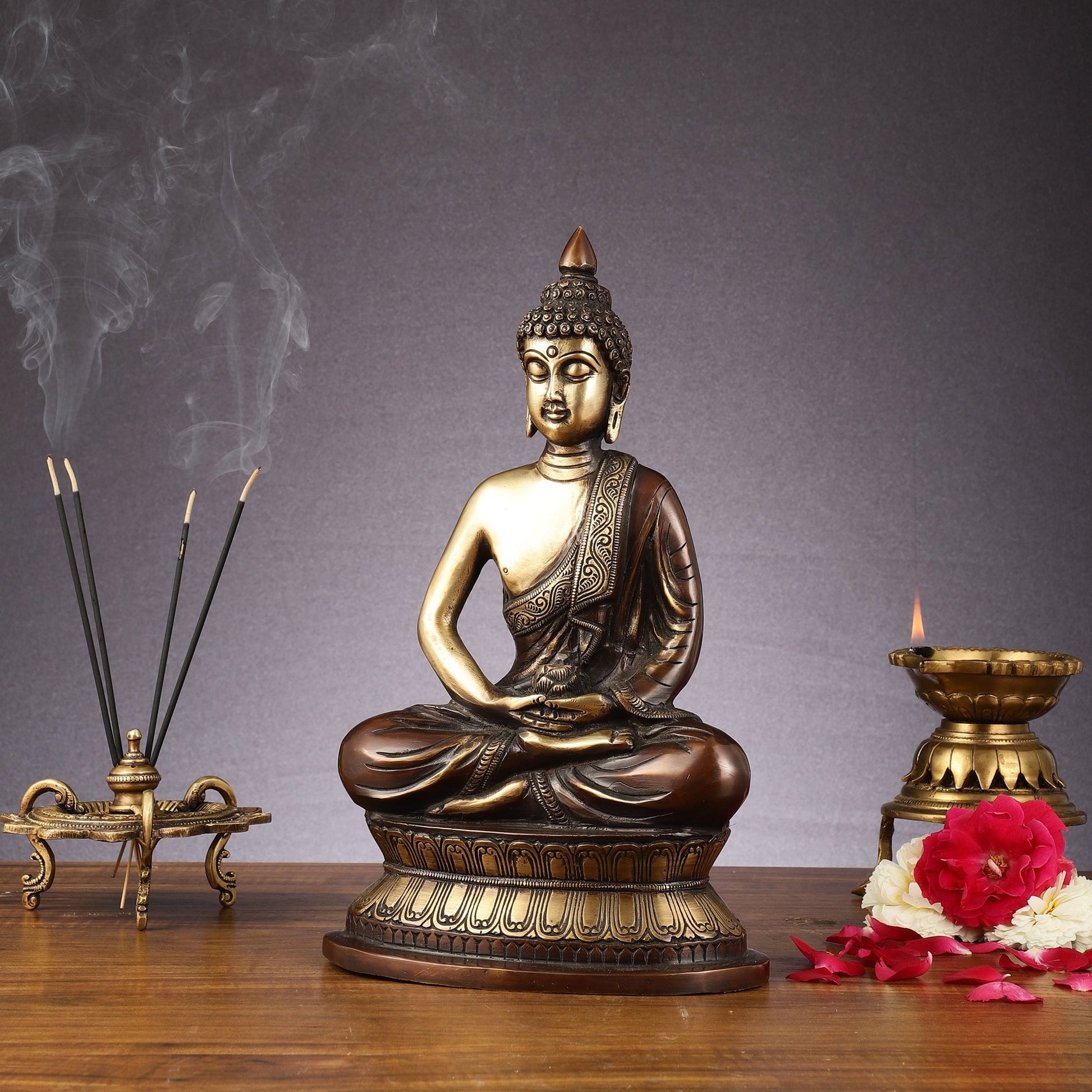 Handcrafted Meditation brass Buddha Idol - Brown Gold 12 inch