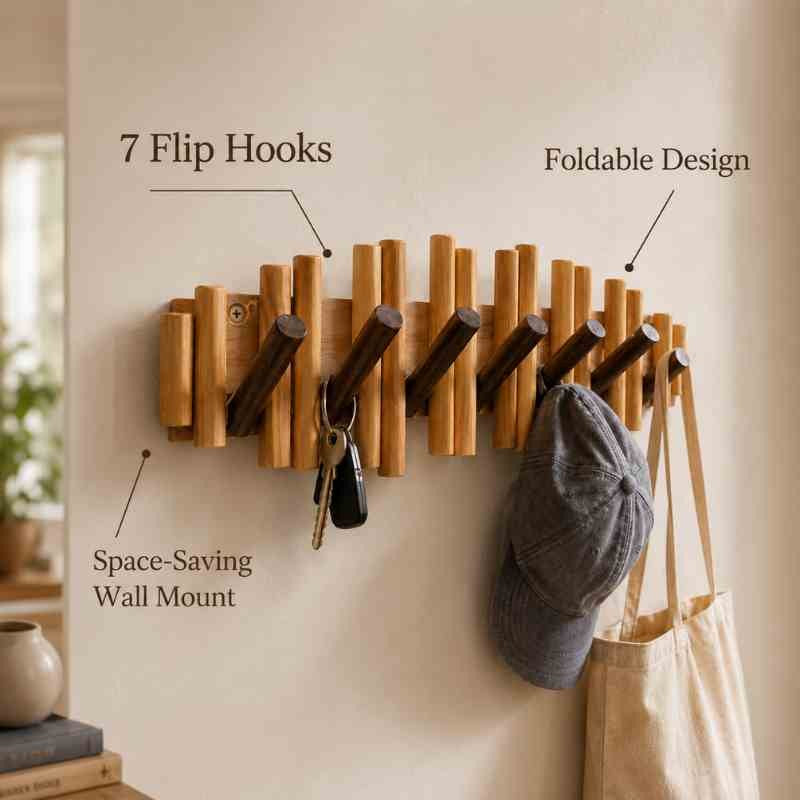 Natural Solid Wood Picket Coat Rack with 7 Flip Wall Hooks