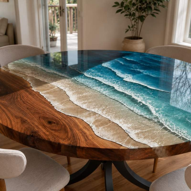 Custom Home Made Luxury Round Ocean Wave Epoxy Resin Dining Table with Black Metal Legs, River Kitchen Table | Natural Solid Wood, Blue Ocean Waves Epoxy Resin