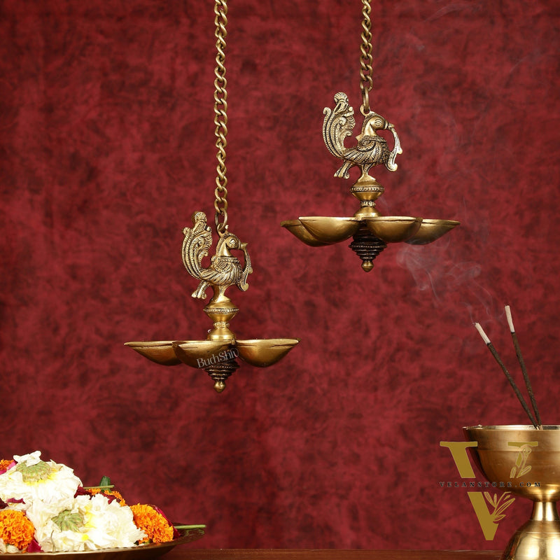 Handcrafted Pair of Brass Annam Diyas | Height 8.5 inch antique finish