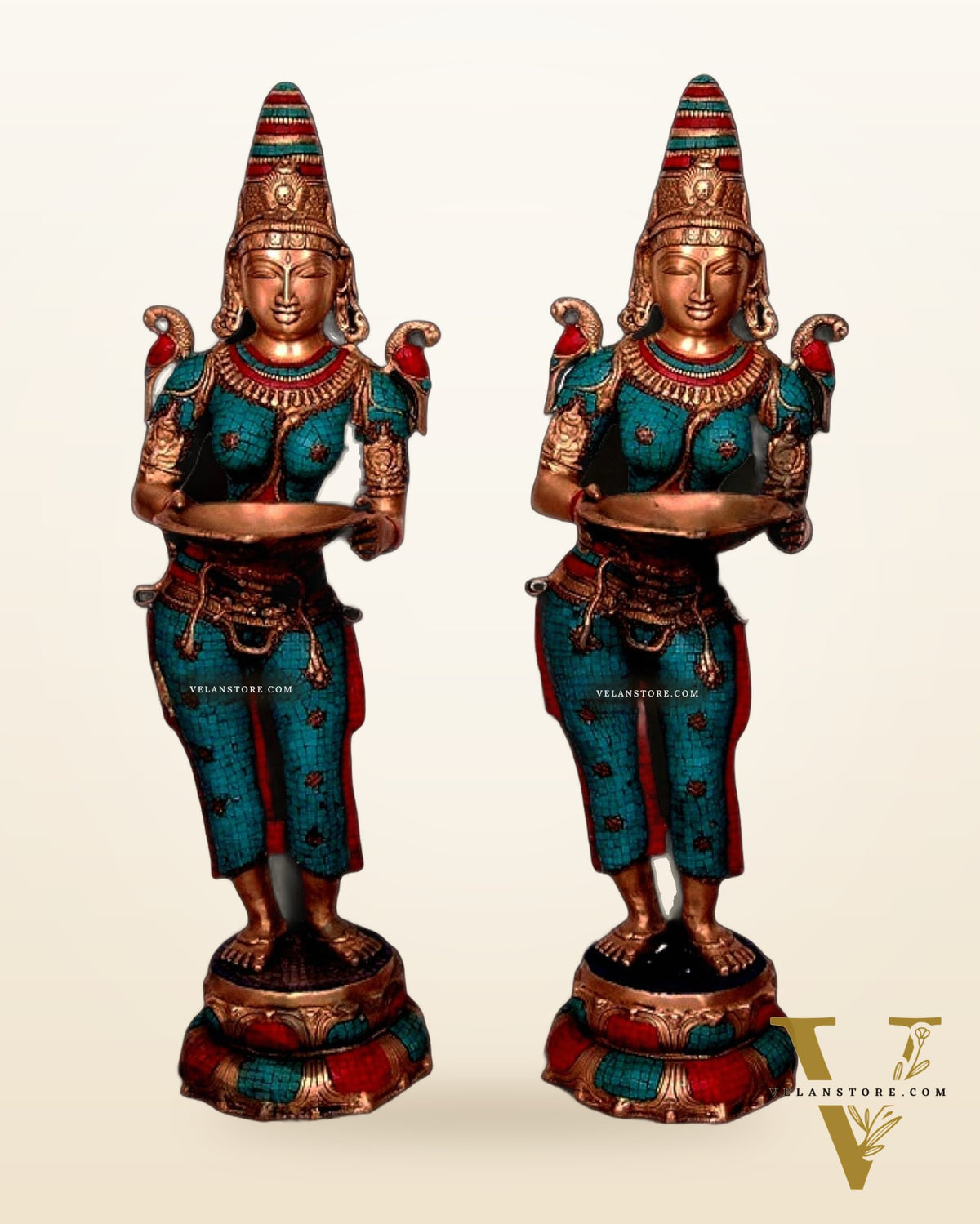Handcrafted Pavaai Villaku Deep Lady Statue - 45 Inch Fine Brass (pair)