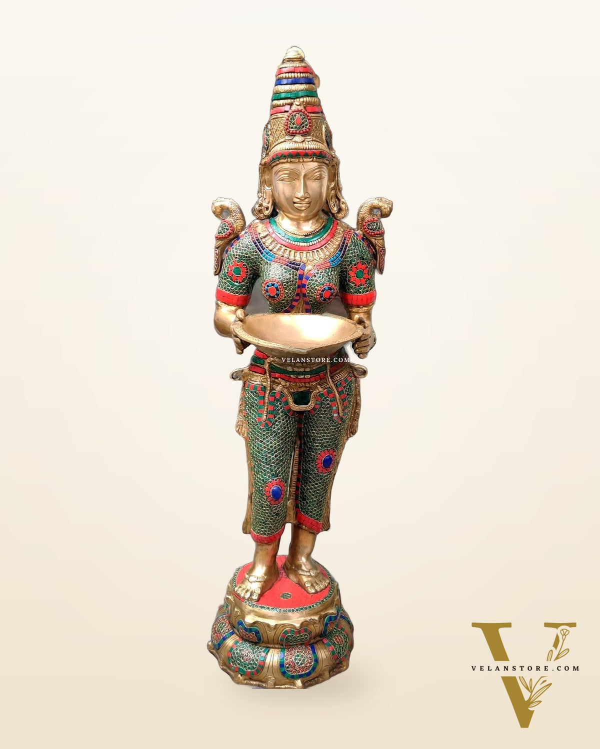 Handcrafted Pavaai Villaku Deep Lady Statue - 45 Inch Fine Brass