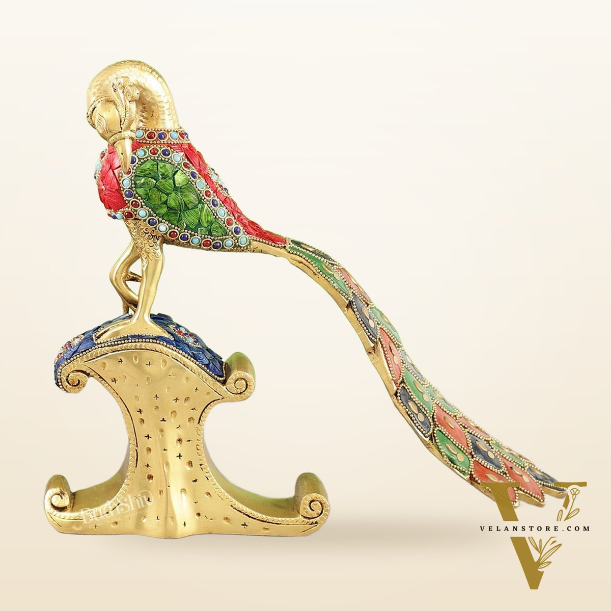 Handcrafted Peacock Showpiece: Pure Brass with Stonework |  13 inch