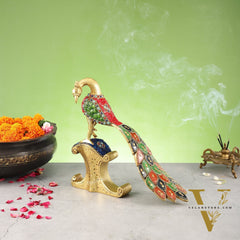 Handcrafted Peacock Showpiece: Pure Brass with Stonework |  13 inch