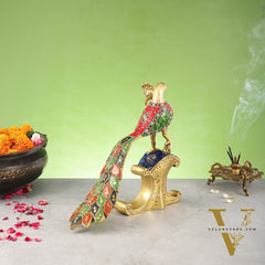 Handcrafted Peacock Showpiece: Pure Brass with Stonework |  13 inch