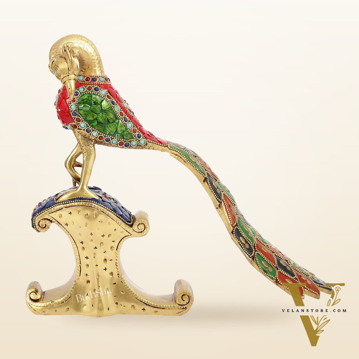 Handcrafted Peacock Showpiece: Pure Brass with Stonework |  13 inch