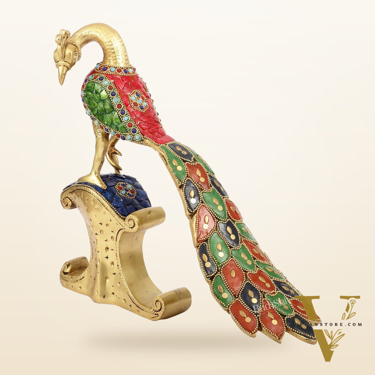 Handcrafted Peacock Showpiece: Pure Brass with Stonework |  13 inch