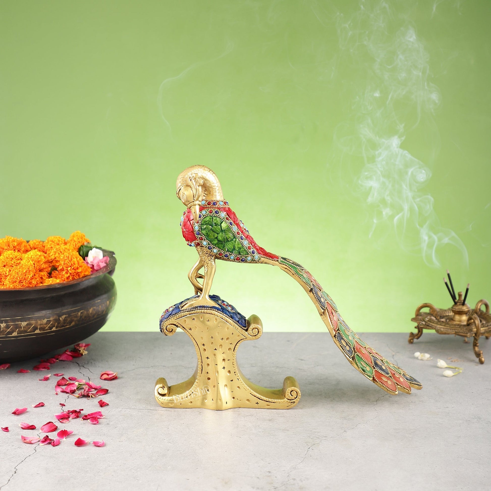 Handcrafted Peacock Showpiece: Pure Brass with Stonework |  13 inch