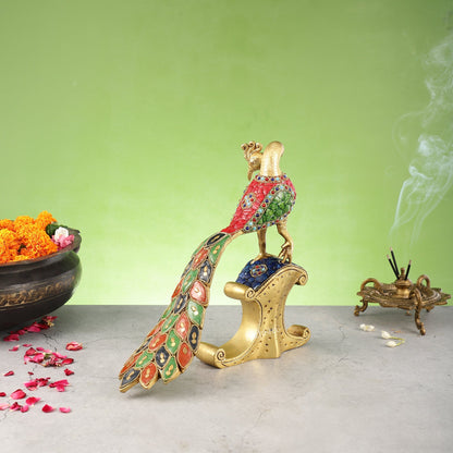 Handcrafted Peacock Showpiece: Pure Brass with Stonework |  13 inch