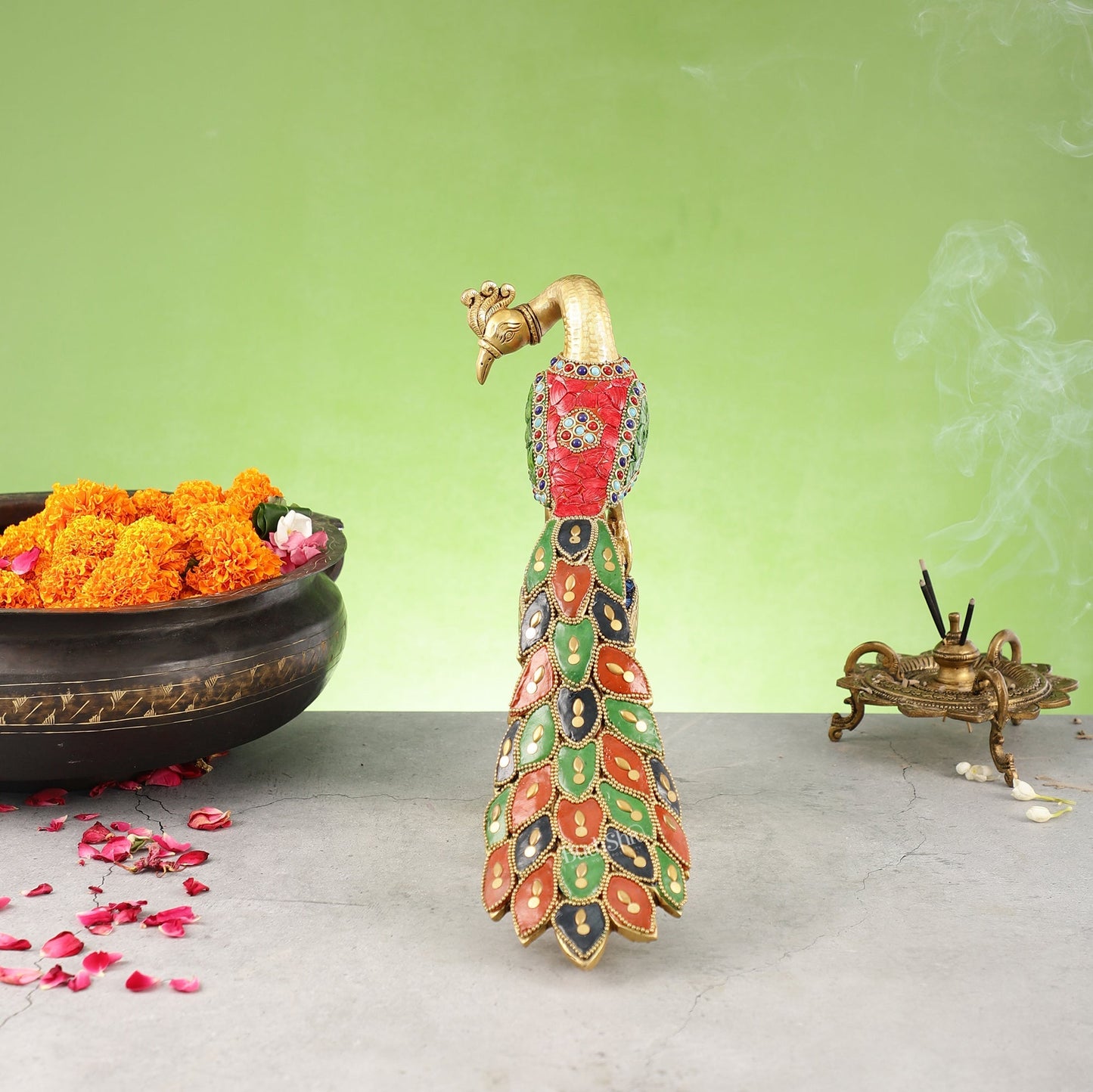Handcrafted Peacock Showpiece: Pure Brass with Stonework |  13 inch