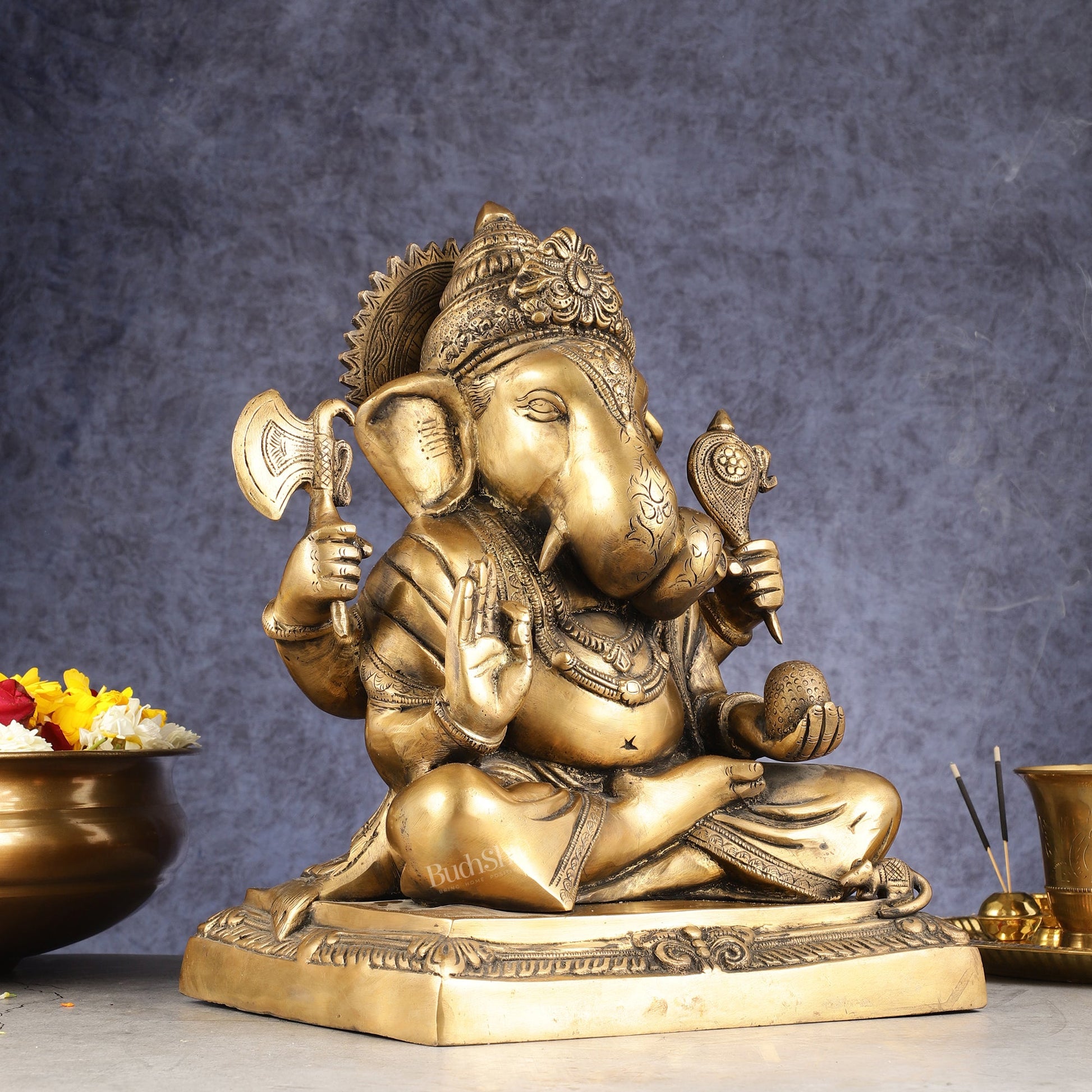 Handcrafted Pure Brass Dagduseth Ganapati Idol - 14"