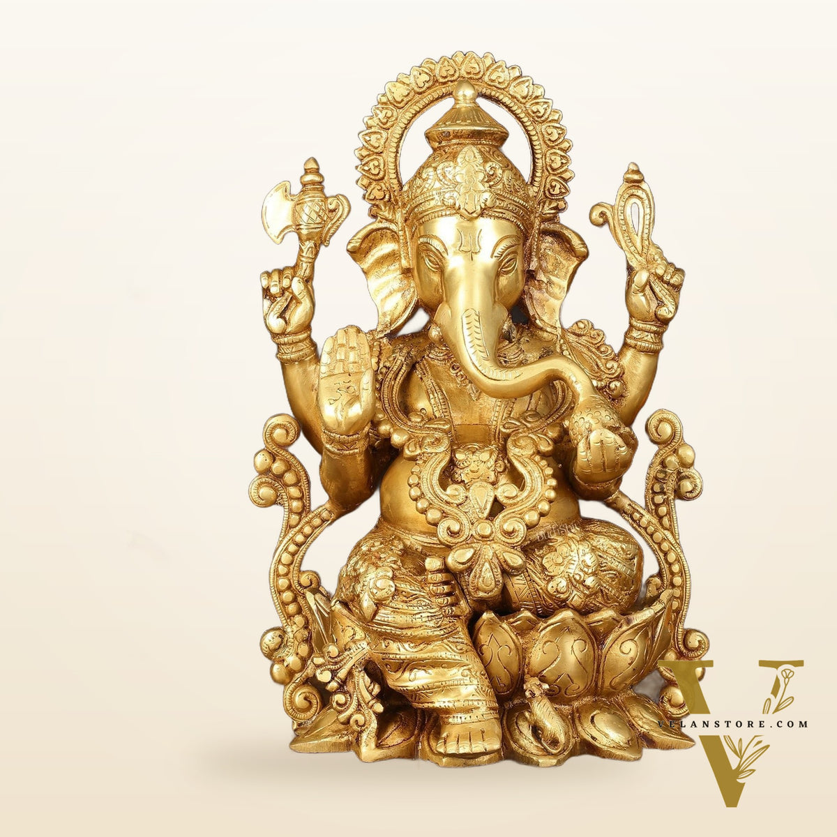 Handcrafted Pure Brass Ganesha Idol with Golden Finish - 12" Elegant Sculpture