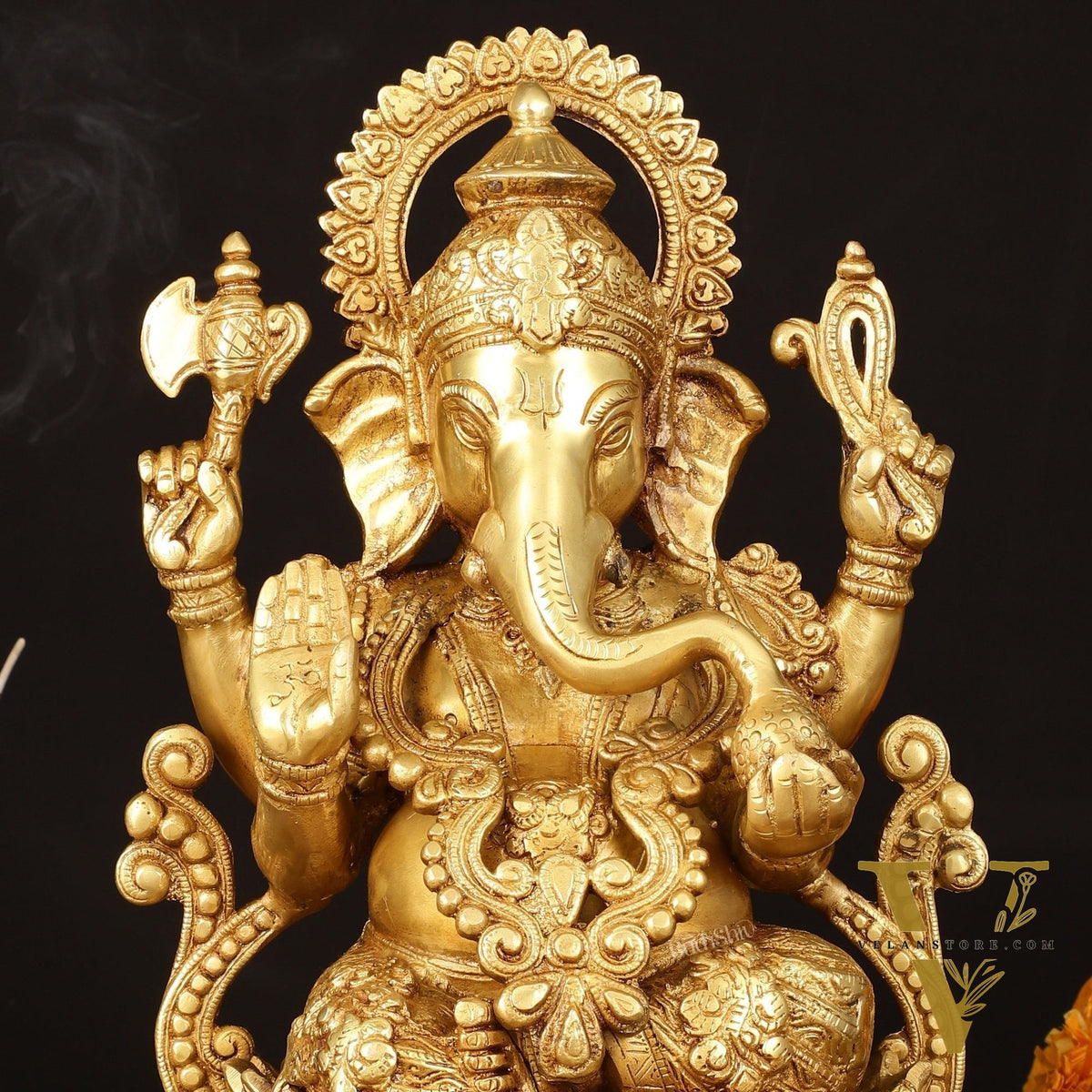 Handcrafted Pure Brass Ganesha Idol with Golden Finish - 12" Elegant Sculpture