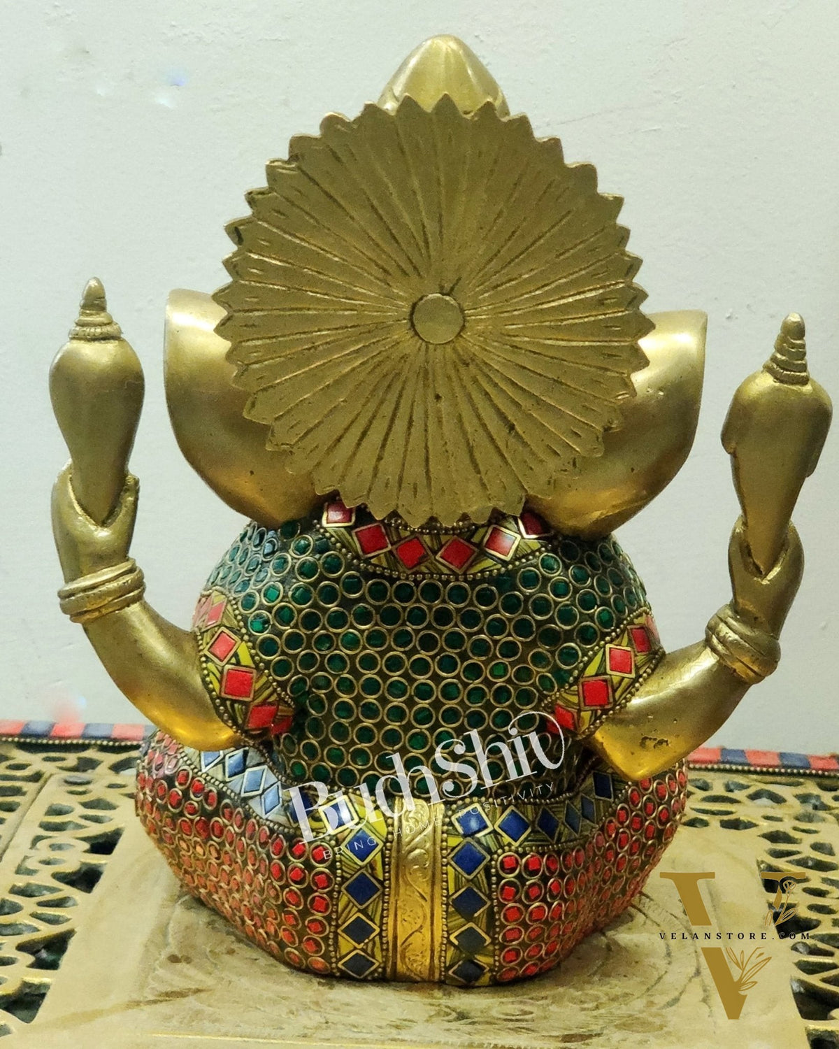 Handcrafted Pure Brass Ganesha Idol with Meenakari Art - 8" Height, Natural Stones
