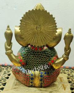 Handcrafted Pure Brass Ganesha Idol with Meenakari Art - 8" Height, Natural Stones
