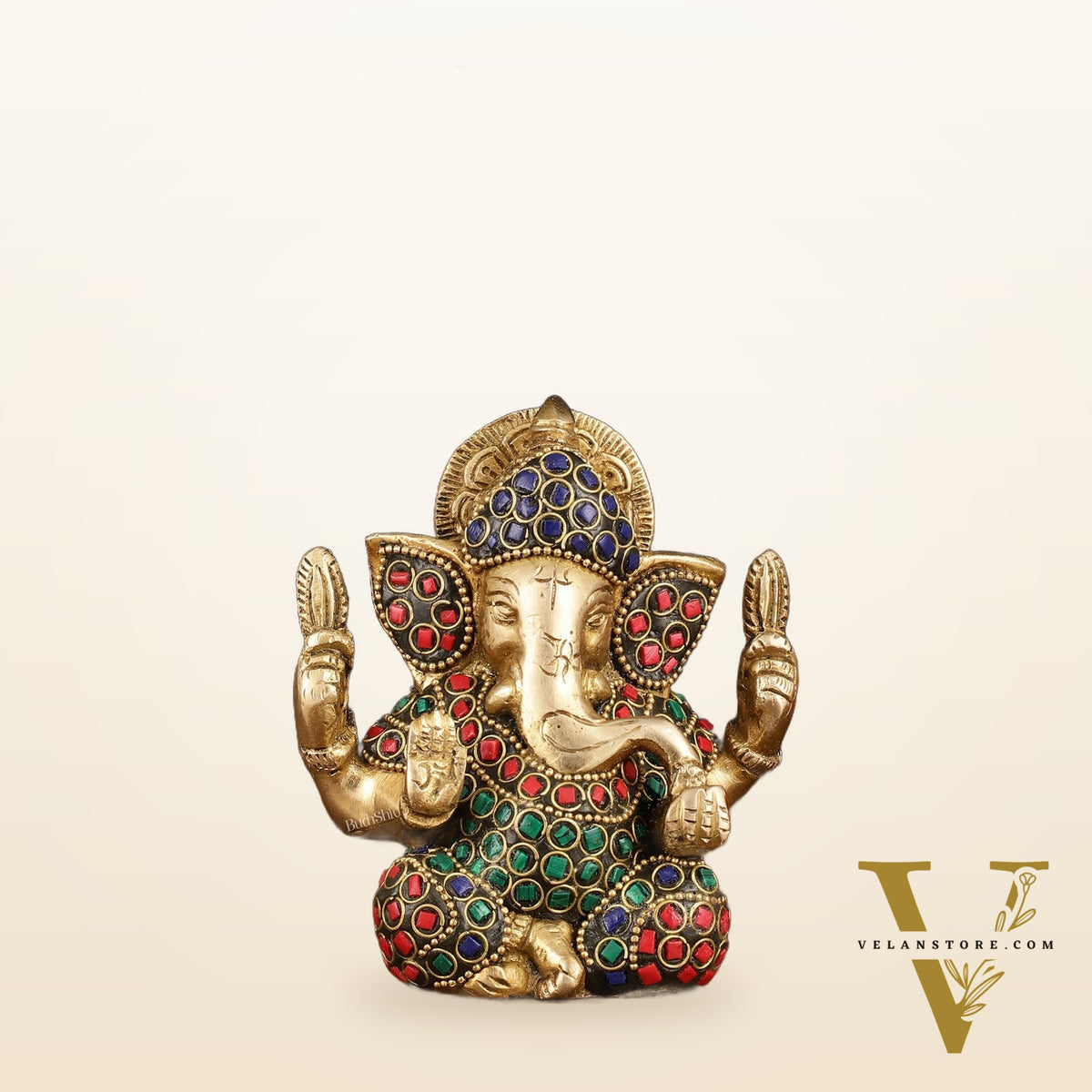 Handcrafted Pure Brass Ganesha Idol with Meenakari Artistry and Natural Stones, 5"