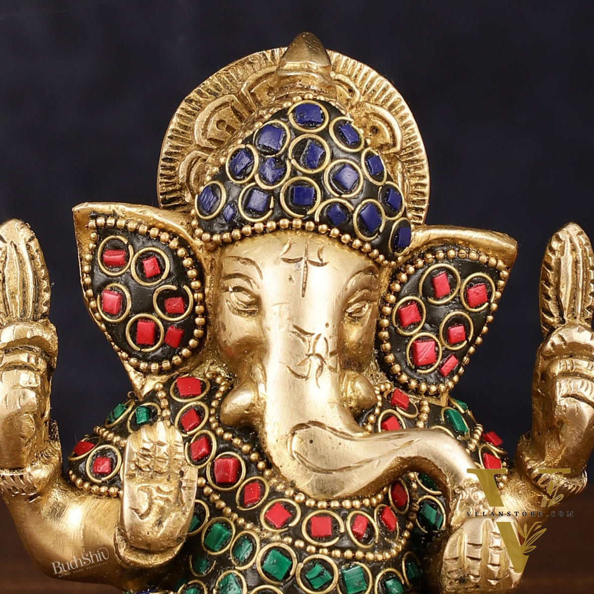 Handcrafted Pure Brass Ganesha Idol with Meenakari Artistry and Natural Stones, 5"