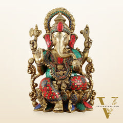 Handcrafted Pure Brass Ganesha Idol with Meenakari Stonework - 12.25 Inch