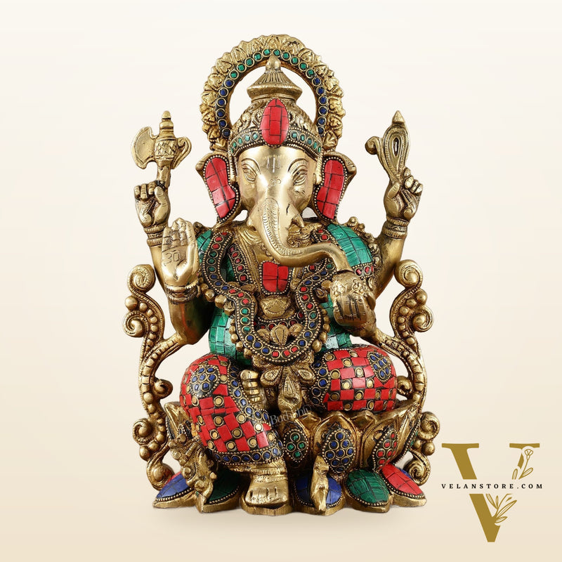 Handcrafted Pure Brass Ganesha Idol with Meenakari Stonework - 12.25 Inch