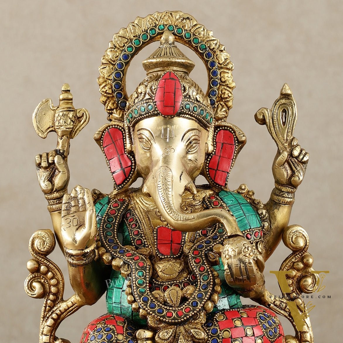 Handcrafted Pure Brass Ganesha Idol with Meenakari Stonework - 12.25 Inch