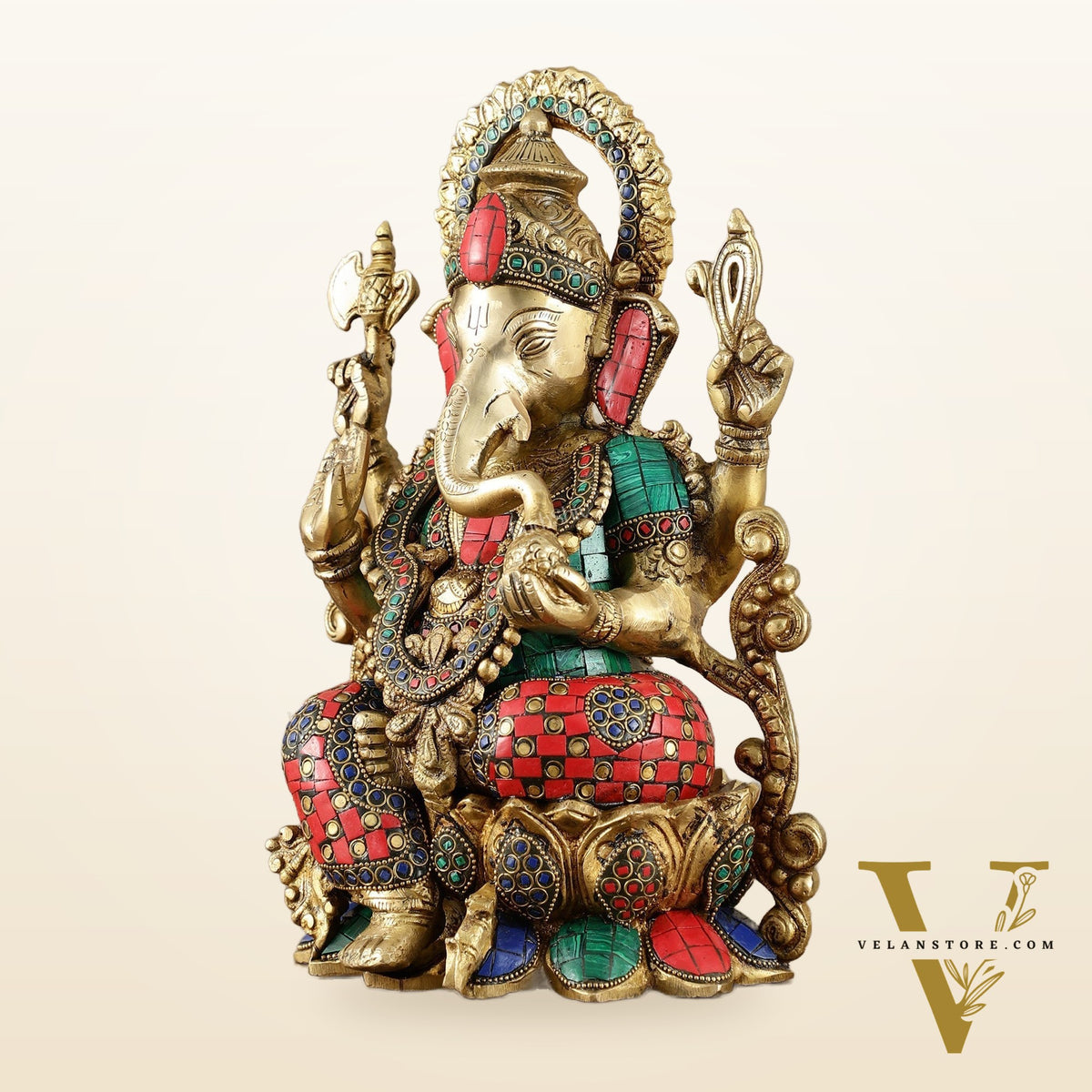 Handcrafted Pure Brass Ganesha Idol with Meenakari Stonework - 12.25 Inch