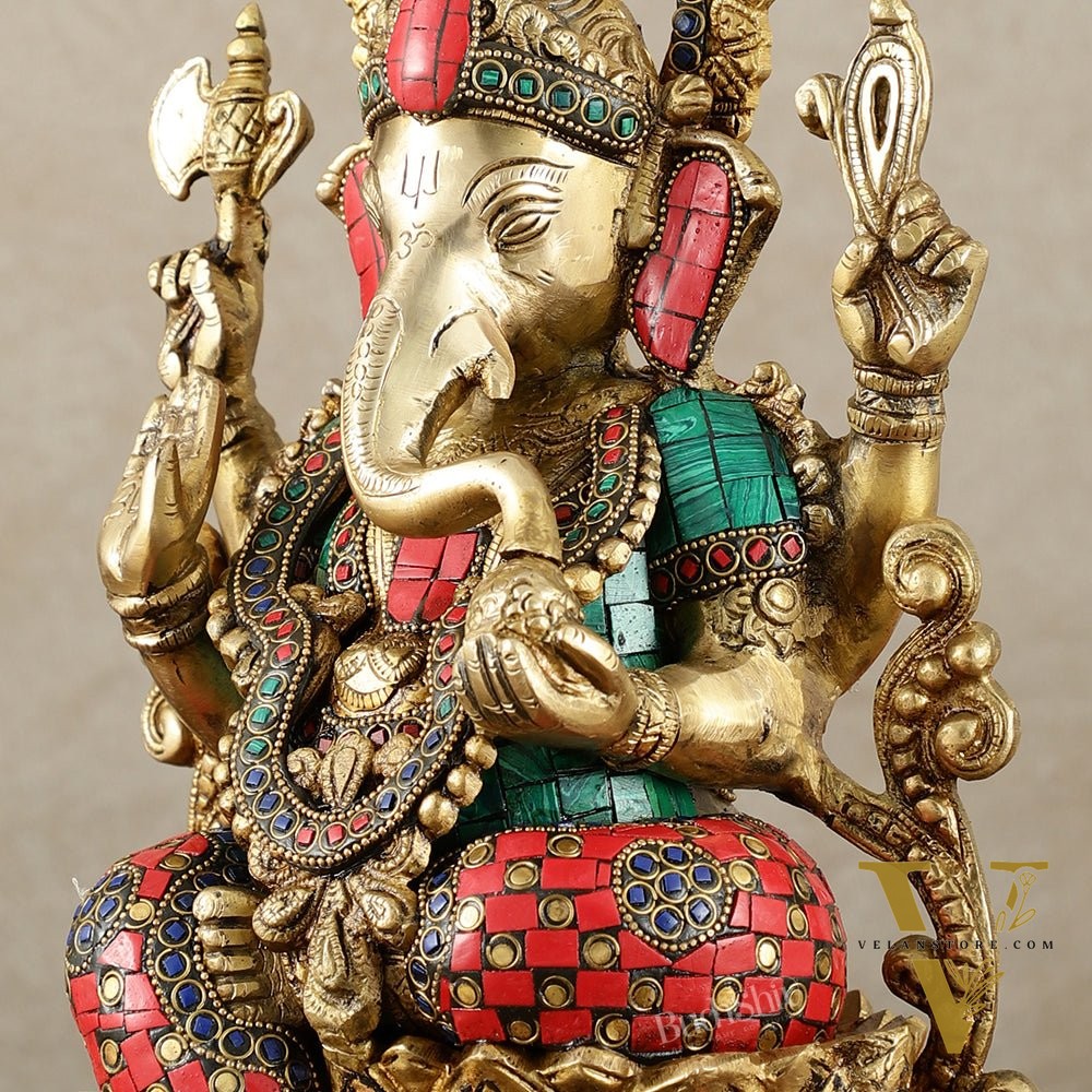Handcrafted Pure Brass Ganesha Idol with Meenakari Stonework - 12.25 Inch
