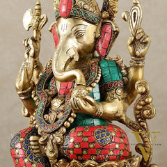Handcrafted Pure Brass Ganesha Idol with Meenakari Stonework - 12.25 Inch