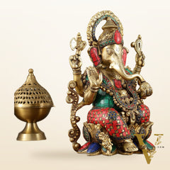 Handcrafted Pure Brass Ganesha Idol with Meenakari Stonework - 12.25 Inch