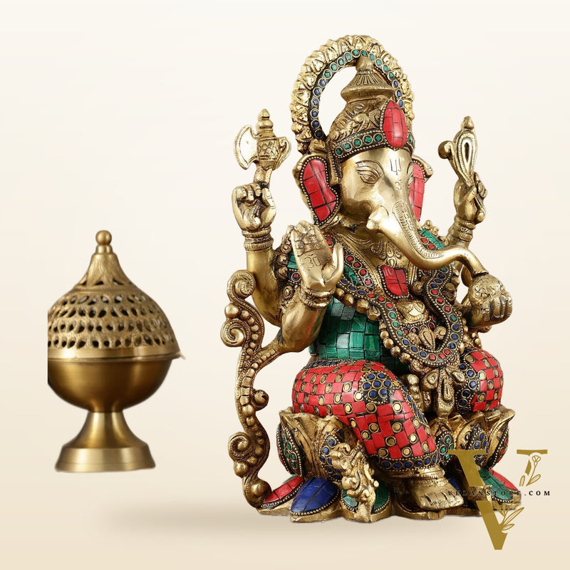 Handcrafted Pure Brass Ganesha Idol with Meenakari Stonework - 12.25 Inch