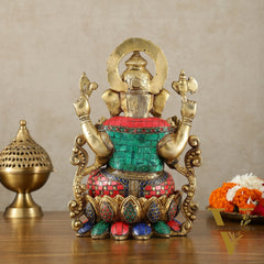 Handcrafted Pure Brass Ganesha Idol with Meenakari Stonework - 12.25 Inch