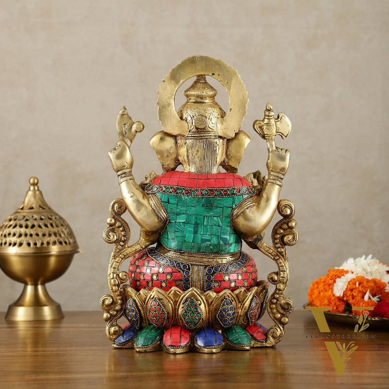 Handcrafted Pure Brass Ganesha Idol with Meenakari Stonework - 12.25 Inch