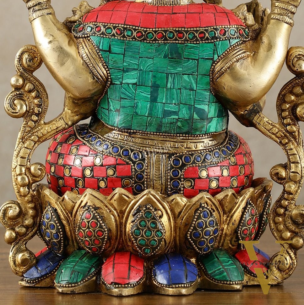 Handcrafted Pure Brass Ganesha Idol with Meenakari Stonework - 12.25 Inch