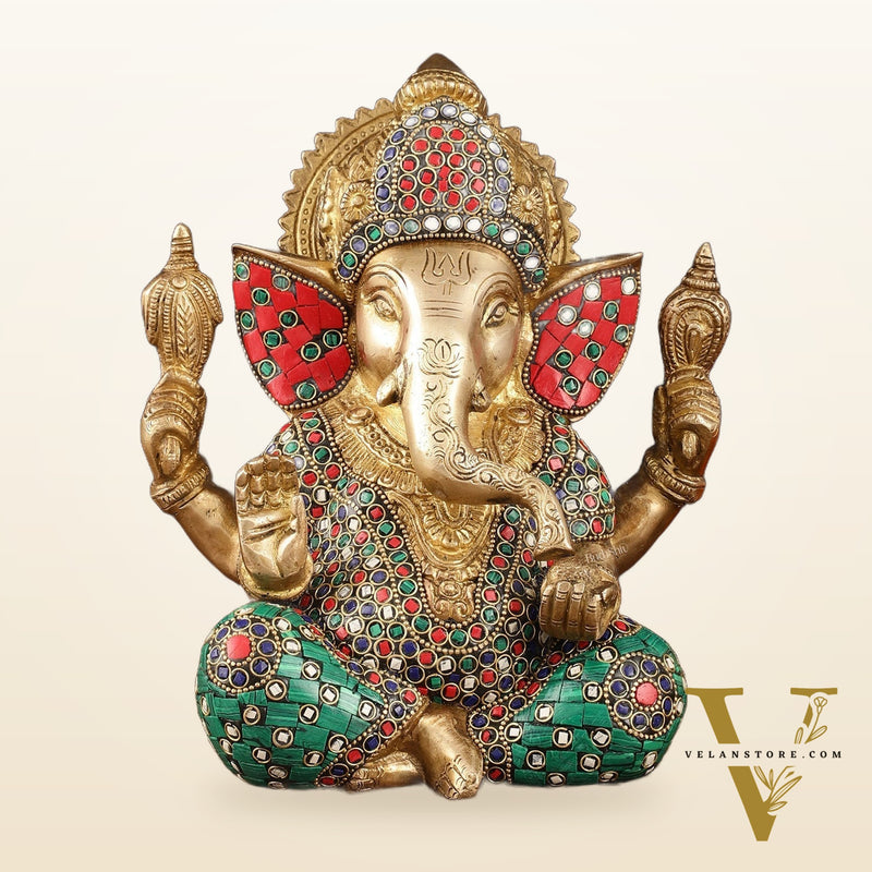Handcrafted Pure Brass Ganesha Idol with Natural Color Stones - 8" Height