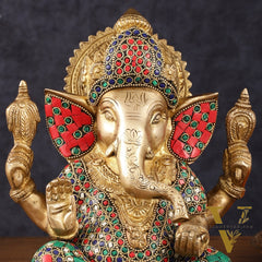 Handcrafted Pure Brass Ganesha Idol with Natural Color Stones - 8" Height