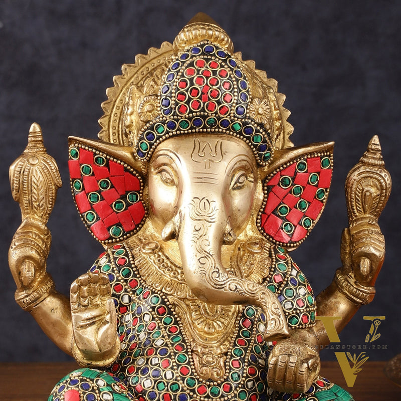 Handcrafted Pure Brass Ganesha Idol with Natural Color Stones - 8" Height