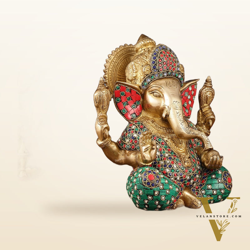 Handcrafted Pure Brass Ganesha Idol with Natural Color Stones - 8" Height