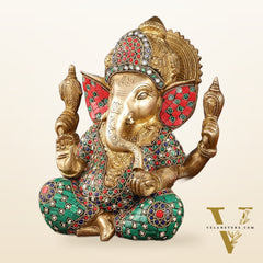 Handcrafted Pure Brass Ganesha Idol with Natural Color Stones - 8" Height