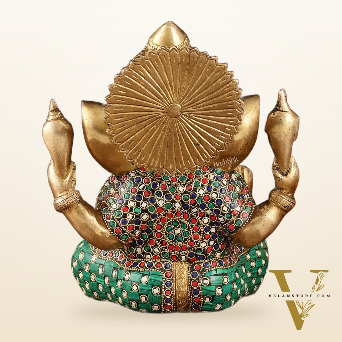 Handcrafted Pure Brass Ganesha Idol with Natural Color Stones - 8" Height