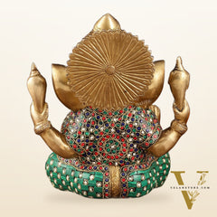 Handcrafted Pure Brass Ganesha Idol with Natural Color Stones - 8" Height